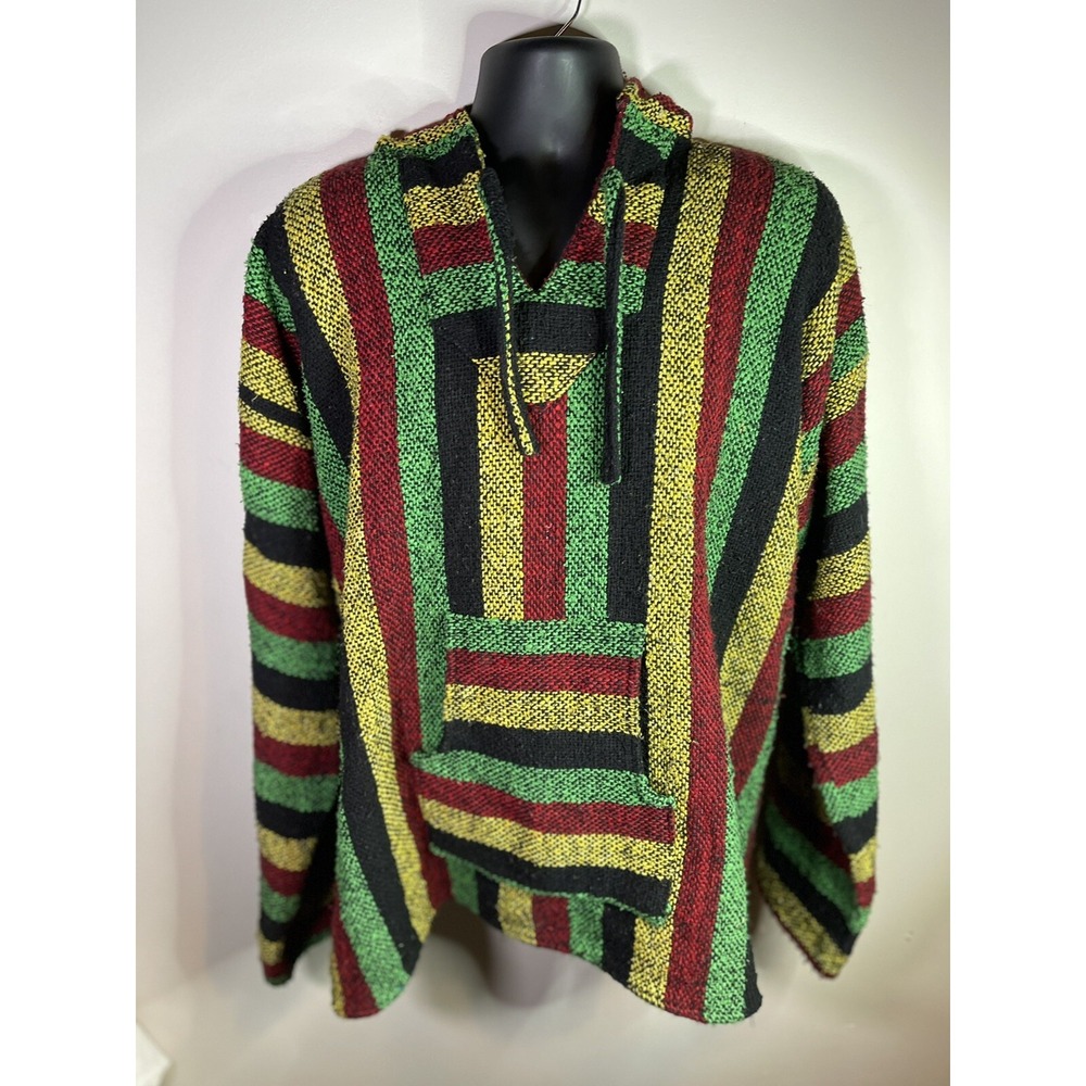 ARTESANIAS Sz XXL Mexican Blanket Hoodie Rug Red/Yellow/Black/Green